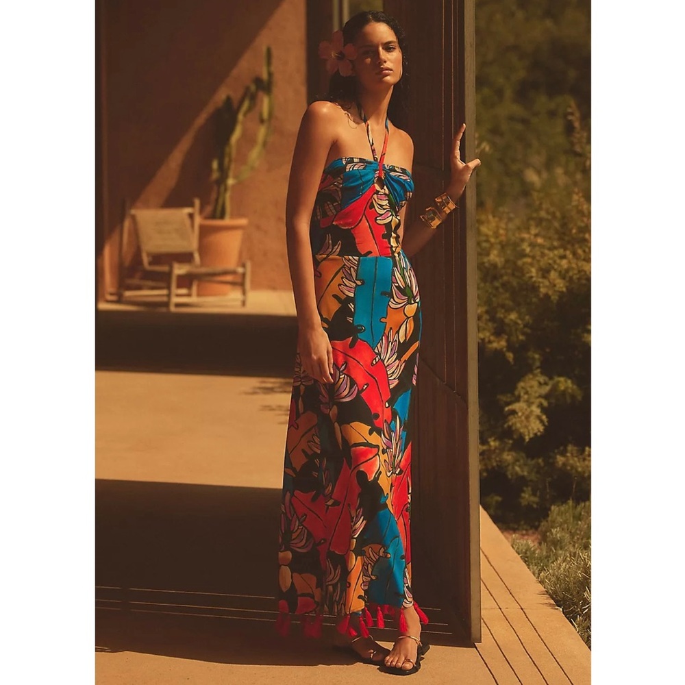 FARM Rio Halter Cover-Up Maxi Dress Floral Tassel Resort Maxi Summer Vacation M - Picture 5 of 12